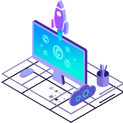 Isometric illustration showing a computer monitor displaying cryptocurrency symbols, with a rocket launching from the screen. Nearby are a mouse, a pencil holder, a cog-filled cloud, and a geometric floor plan.